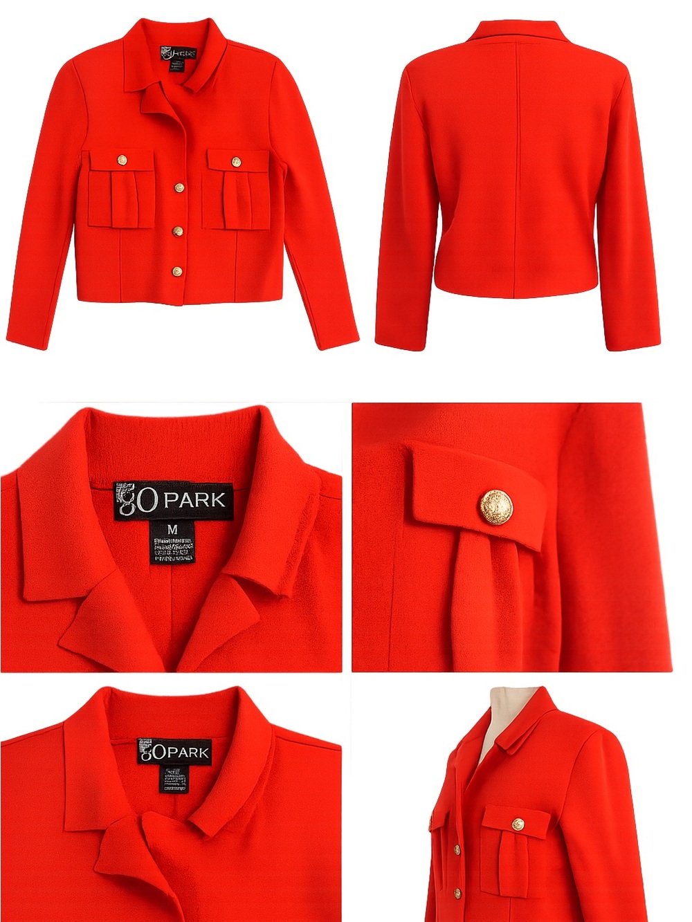 80 Park Red Knit Cropped Jacket | Gold Button Utility Style | Medium